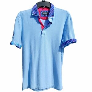Maceoo MOZART Polo Shirt Mens Size 3/M Light Blue Slim Fit Plaid Trim Floral